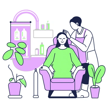 A client is sitting comfortably in a plush salon chair, receiving a soothing head massage from a professional masseuse. The client has their eyes closed, appearing relaxed and peaceful. The masseuse is gently using their fingers to massage the client's scalp, with an expression of focus and care. Surrounding them, there are soft, ambient elements including a small shelf with neatly arranged hair care products and a potted plant with broad leaves. The corner of the salon is softly lit, enhancing the tranquil atmosphere, while a decorative mirror reflects some of the calming details of the space.