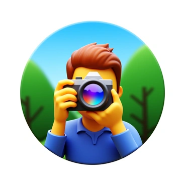 A photographer holding a camera, aiming it at a vibrant outdoor scene. The lens of the camera is visibly tinted, casting unique colors onto the scene as it captures the image. The background features lush green trees and a bright blue sky. The photographer's expression is focused and intent as they look through the viewfinder. The altered colors from the lens create an artistic effect, blending hues of purple and orange in the captured image.