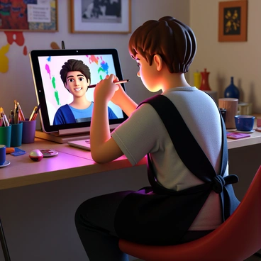 An artist with short brown hair is seated at a desk, intently focused on a digital tablet. The room is filled with colorful paint splatters and art supplies. The artist is wearing a black apron over a casual t-shirt. The tablet screen displays a digital self-portrait featuring "vibrant colors" and "expressive" brush strokes. Brightly colored light reflects off the tablet, illuminating the artist's face as they work.