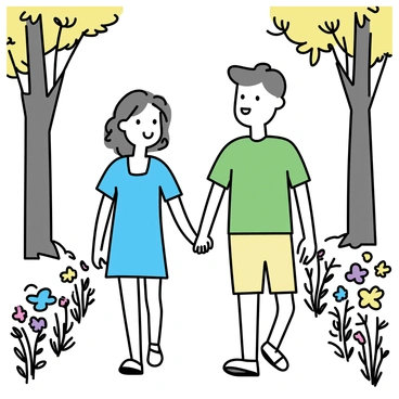 A man and a woman are walking hand-in-hand on a narrow nature trail. The man, wearing a green T-shirt and beige shorts, has short brown hair. The woman, wearing a light blue sundress, has long wavy hair tied back. They are surrounded by an array of wildflowers in vibrant colors, such as yellow, purple, and red, growing on both sides of the trail. The sunlight filters through the leaves of tall trees overhead, casting dappled shadows on the ground.