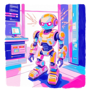 A futuristic robot stands in a modern, sleek environment. Its metallic body is adorned with glowing lines and panels, reflecting an advanced design. The robot's face displays an "angry" digital expression, with vibrant red pixels forming sharp eyebrows and a frowning mouth. It is emitting a series of rapid, loud beeps, indicating a malfunction. Sparks fly from its mechanical joints, and its eyes flash erratically. The background includes high-tech machinery and digital screens, enhancing the sense of a sophisticated setting.