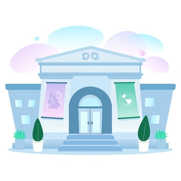 A grand facade of an illustration museum stands tall with architectural details that highlight its impressive structure. The entrance features large, colorful banners that display various artistic designs and illustrations. The museum's doors are wide open, inviting visitors in. Flanking the entrance are tall potted plants that add a touch of greenery. The sky above is a gradient of pastel colors, providing a soft, vibrant backdrop to the scene. The building is adorned with intricate carvings and windows that reflect the light beautifully.
