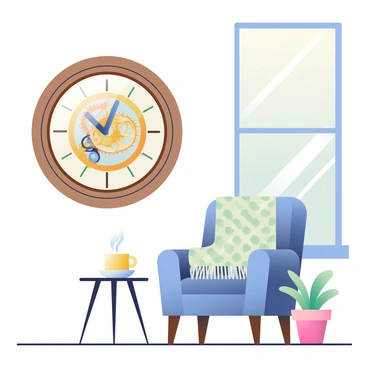A rustic wall clock with a wooden frame is mounted on the wall of a quaint living room. The clock features intricate gears that are visible through a glass front, showcasing their detailed design. The clock hands are elegantly crafted and are currently ticking just past three o'clock. In the background, a cozy armchair with a knitted throw blanket is positioned next to a small side table with a steaming cup of tea on it. Soft light filters in through a nearby window, creating a warm ambiance in the room. A small potted plant sits on the windowsill, adding a touch of greenery to the scene.
