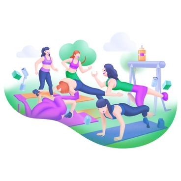 A modern pastel illustration of a group of friends doing push-ups together at a fitness boot camp. The scene includes five individuals in workout attire, each in a different color outfit, showcasing various intensities while performing push-ups on exercise mats. Surrounding them are fitness equipment such as dumbbells and water bottles. In the background, there are vibrant trees and a clear sky, creating an energetic atmosphere. The friends are smiling and encouraging each other, emphasizing camaraderie and motivation.
