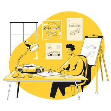 A designer sketching a concept car on a drafting table in a studio