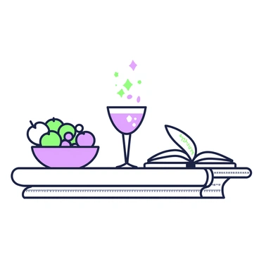 A still life arrangement on a wooden table features a coupe glass filled with a beverage, positioned prominently in the center. To the left of the glass, there is a bowl of assorted fruit, including apples, oranges, and grapes, creating a vibrant focal point. On the right side of the glass, an open book lies with pages slightly turned, revealing text and illustrations. The table's surface reflects the various shapes and colors of the items, enhancing the composition. Subtle shadows play across the table, adding depth to the scene.