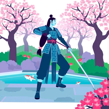 A female samurai with long black hair tied back is dressed in traditional armor, featuring intricate patterns and a deep blue color. She is practicing her sword skills with a katana, showcasing precise movements. The samurai is positioned on a stone path surrounded by lush greenery and vibrant flowers in a tranquil Japanese garden. Cherry blossom trees are in full bloom, and a small koi pond is visible in the background, reflecting the soft sunlight filtering through the leaves. A sense of focus and determination is evident on her face as she engages in her training.