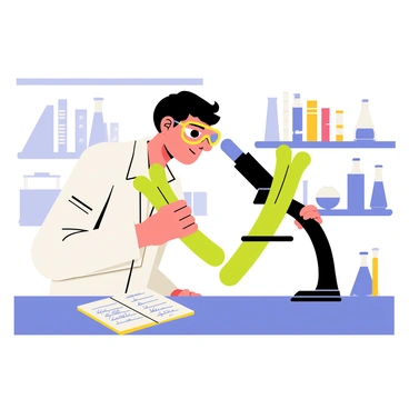 A scientist in a white lab coat is intently studying a stalk of celery under a microscope. The microscope is positioned on a laboratory bench cluttered with various glass beakers and petri dishes. The background features shelves filled with scientific books and more lab equipment. The scientist is wearing safety goggles, and there is a notebook open next to the microscope with handwritten notes. Soft overhead lights illuminate the workspace, highlighting the details of the celery and the microscope.