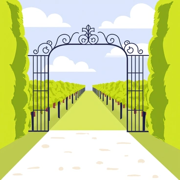 The grand entrance to a vineyard marked with ornate iron gates