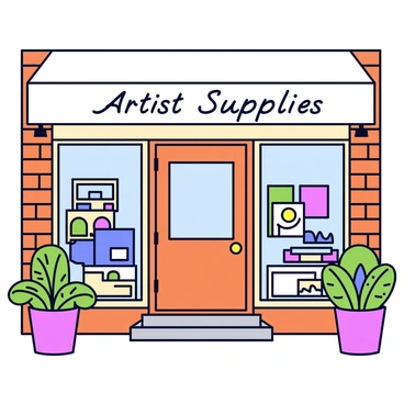 A quaint storefront of an artist supply shop in downtown Chicago. The shop features large display windows filled with colorful art supplies, including paints, brushes, and canvases. The wooden door has a brass handle and a small bell that jingles when opened. Above the door, a sign with the words "Artist Supplies" is painted in elegant script. Potted plants are placed on either side of the entrance, adding a touch of greenery to the scene. The building has a warm brick facade with a small awning that provides shade.