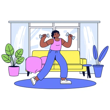 A living room with a large window that allows sunlight to stream in. The light creates bright patches on the floor and illuminates the room’s soft, neutral-colored walls. In the middle of the room, a person is performing reverse flies, holding small weights in each hand, with arms extended backwards. The person is dressed in athletic wear, and their concentration is evident as they engage in the exercise. Surrounding them are a plush rug and a few indoor plants that add a touch of greenery to the space.