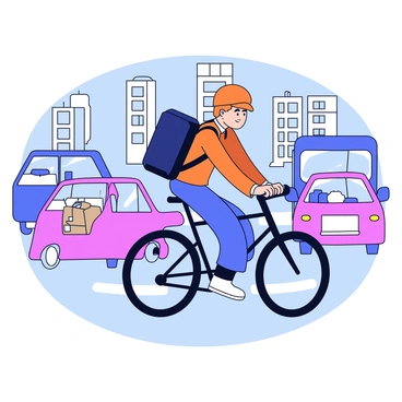 A bicycle messenger wearing a bright orange helmet is riding a sleek black bicycle. The messenger has a large, dark blue backpack strapped securely to their back. The scene is filled with various vehicles, including cars and buses, creating a busy urban environment. The messenger is leaning forward, pedaling swiftly as they navigate through the traffic, focused on delivering packages. The setting includes tall buildings in the background to emphasize the city atmosphere.