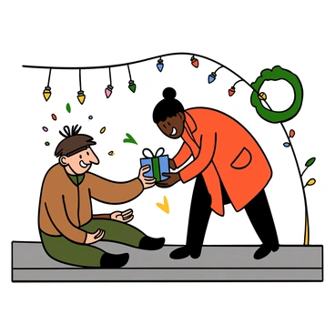 A beggar with light skin and unkempt hair sitting on the sidewalk. He is wearing tattered clothes and has a warm smile. A passerby with dark skin and short hair is bending down, handing a small wrapped gift to the beggar. The passerby is dressed in a bright red coat, and there are colorful holiday decorations in the background, including twinkling lights and a festive wreath. The scene conveys a sense of kindness and generosity during the holiday season.