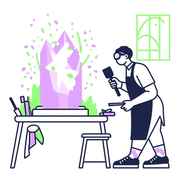 An artisan is intensely focused on carving a sculpture from a large rectangular crystal block. The artisan is wearing protective goggles and a black apron, holding a chisel in their right hand while striking it with a mallet held in their left hand. Tiny chips of crystal are flying from the block, catching the light as they scatter in the air. The workspace is cluttered with various tools, including files and brushes, and there's a soft cloth hanging from a nearby table. A wooden stool is positioned beside the artisan, providing a place to rest. In the background, a window lets in natural light, illuminating the intricate details of the sculpture taking shape.