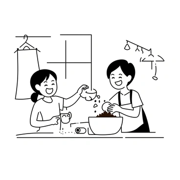 Two children are in a kitchen, preparing to bake cookies. One child, a girl with pigtails, is measuring flour using a clear glass measuring cup, while smiling widely. The other child, a boy with short hair, is pouring chocolate chips into a mixing bowl. There is an apron hanging on a hook in the background. Flour is scattered across the countertop, and a rolling pin is placed beside the mixing bowl. Bright sunlight filters in through a window, illuminating their joyful expressions as they work together.