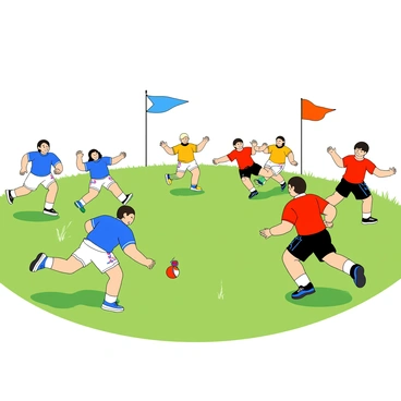 A vibrant scene depicting two teams in action during a flag football game. On one side, a team wearing blue jerseys and white shorts, with players sprinting across the field. One player is diving forward, reaching out to grab a flag attached to the opponent's waist. On the opposite side, the opposing team is dressed in red jerseys and black shorts, showing intense determination as a player evades the tackle. The grass underfoot is lush and green, and there are bright, colorful flags fluttering in the background, adding to the energy of the competition. The sky above is clear and sunny, enhancing the excitement of the game.