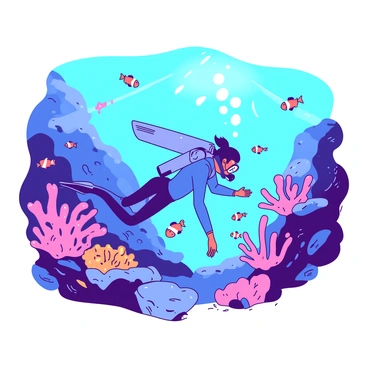 A diver wearing a blue wetsuit and fins is swimming through a vibrant underwater reef. Surrounding the diver are various types of coral, including branching and brain coral, exhibiting shades of pink and orange. Schools of small, colorful fish, such as clownfish and tangs, are darting in and out of the coral formations. Sunlight filters down through the water, illuminating the scene and enhancing the lively atmosphere of the underwater environment. The diver is observing the marine life, with bubbles escaping from their breathing apparatus.
