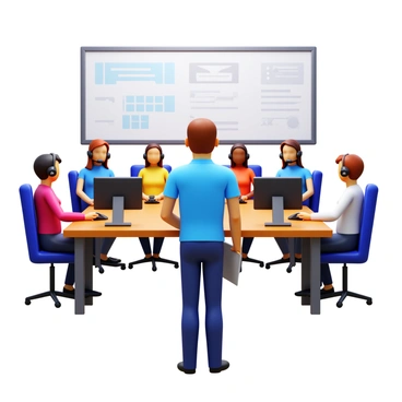 A call center manager standing at the front of a modern office space. The manager is holding a clipboard and looking towards a group of agents gathered around. The agents, diverse in gender and ethnicity, are seated at desks with headsets on, facing the manager. They appear engaged and attentive. The office is equipped with computers and phone equipment, with a large whiteboard in the background displaying notes and statistics. The setting has a professional yet energetic atmosphere.