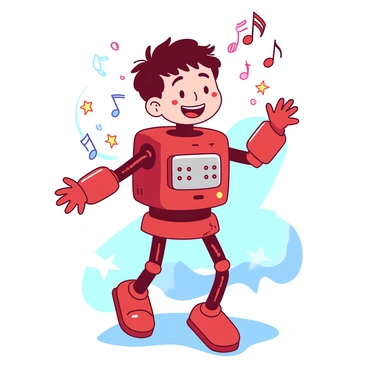 A red cartoon boy is wearing a shiny silver homemade robot costume with various buttons and lights attached. His arms are extended in a stiff pose, and his legs are slightly bent as he moves in a robotic dance. The boy has a big smile on his face, showing that he is enjoying the performance. Around him, there are colorful notes and stars floating in the air, highlighting the fun atmosphere of the dance. The background is filled with a soft blue hue, enhancing the playful scene.
