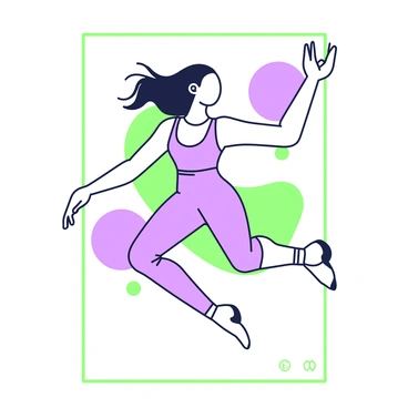 A dancer is captured mid-movement in an expressive pose on a 20 x 30 illustration board. The dancer has flowing hair that trails behind them as they leap. Their limbs are extended gracefully, showcasing the tension and fluidity of the motion. They are wearing a fitted outfit that allows for ease of movement. The background features abstract shapes that enhance the sense of dynamism. The board has a green and purple outline framing the scene, emphasizing the dancer's form and movement.
