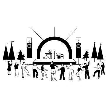A music festival scene featuring a large stage with speakers and instruments set up for a performance. A diverse crowd of people is gathered in front of the stage, some dancing and others enjoying the music. In the background, there are banners and flags waving, creating a lively atmosphere. Various silhouettes of trees can be seen on the edges of the scene, adding to the festival environment.