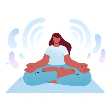 A yogi is seated in a tranquil pose on a simple mat. They are wearing comfortable, flowing clothing that drapes softly around them. Surrounding the yogi are waves of calm energy illustrated in smooth, flowing lines, creating a serene atmosphere. Circular sound waves resonate outward, depicted as concentric circles in pastel gradient colors, emphasizing the peaceful environment. The overall composition conveys a sense of balance and harmony in the scene.