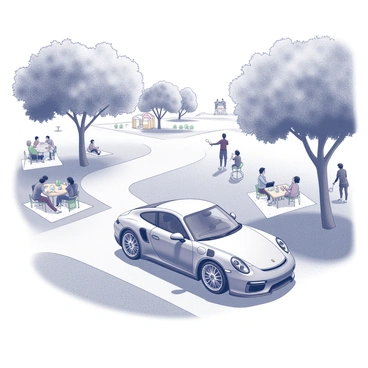 A sleek Porsche is driving along a winding path in an urban park. The car is positioned prominently in the center of the scene, showcasing its elegant design and distinctive lines. Surrounding the vehicle, groups of people are scattered across the grass; some are sitting on picnic blankets, sharing food and drinks, while others are playing frisbee, with one person in mid-throw and another reaching for the flying disc. The park is filled with large trees providing shade and a sense of vibrant activity. A few bicycles are parked nearby, and a colorful playground can be seen in the distance, filled with children playing. The atmosphere is lively, capturing a moment of leisure and enjoyment.