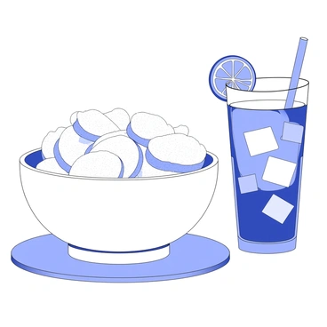 A bowl is filled to the brim with crispy potato chips, each chip perfectly shaped and exhibiting a textured surface. The bowl is positioned on a wooden table, creating a natural contrast. Beside the bowl, there is a tall glass containing a cold drink, with condensation forming on the outside of the glass. The drink features a slice of lemon on the rim and ice cubes visibly floating inside.