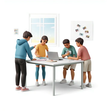 A group of four high school students, two boys and two girls, are gathered around a large table filled with papers, notebooks, and a laptop. One boy, wearing a blue hoodie and black jeans, is pointing at the laptop screen, while the girl next to him, dressed in a yellow t-shirt and denim shorts, is taking notes. The other girl, wearing a green sweater and leggings, is holding a stack of photographs, and the second boy, in a red shirt and khaki shorts, is arranging the photos on the table. They all appear focused and engaged in their discussion about the layout of the yearbook. Natural light streams in from a nearby window, illuminating their workspace.