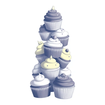 A tall tower made of cupcakes, each stacked carefully one on top of the other. The cupcakes display a variety of shapes and sizes. Each cupcake has a unique topping with intricate frosting designs. The tower features multiple layers, showcasing flavors like chocolate, vanilla, and lemon. Some cupcakes are decorated with small edible decorations, such as sprinkles and fruit pieces. The overall presentation is visually appealing and structured, with the cupcakes arranged in a way that highlights their distinct features.