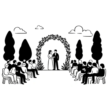 A wide view of a wedding ceremony taking place outdoors. Multiple rows of guests are seated on either side, dressed in formal attire, with some holding floral arrangements. The couple stands at the altar, surrounded by decorative flowers and drapery. In the background, there are tall trees and a clear sky. An archway made of intertwined branches and blooms frames the couple, emphasizing the focal point of the scene.