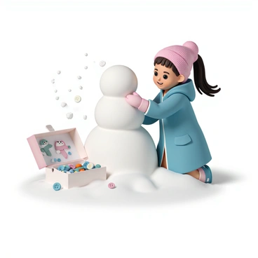 Nami building a snowman with an illustrated box filled with winter-themed decorations nearby.