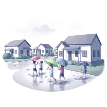A village scene in soft rain. There are several small houses with pitched roofs and whitewashed walls, surrounded by greenery. Children are playing joyfully, splashing in puddles. Each child is holding a distinct umbrella, creating a vibrant display of colors against the monochrome background. The ground is dotted with small puddles, reflecting the playful energy of the children. The sky is overcast with clouds, emphasizing the gentle rain falling in the scene.
