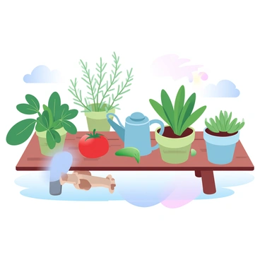 A small kitchen garden filled with pots containing various herbs and vegetables. The pots are arranged on a wooden table, with vibrant green basil and rosemary occupying one side. On the other side, there are bright red tomatoes and fresh green peppers growing in separate pots. Each pot features a label indicating the type of plant inside. A gentle sunlight casts soft shadows, creating a warm atmosphere in the garden setup. A watering can is placed nearby, ready for use among the thriving plants.