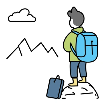 A backpacker, wearing a green jacket and brown hiking boots, stands on a rocky outcrop. They are looking out over a wide mountain vista that features a range of jagged peaks covered in snow. The sky above is clear with a few fluffy white clouds. Next to the backpacker is a packed rucksack in dark blue, resting on the ground.