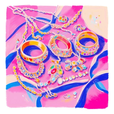 An array of "stunning bridal jewelry" is artistically arranged on a rich "silk cloth." The display includes several "bangles" in intricate designs featuring gemstones and metalwork. There are "necklaces" that vary in length and style, some adorned with pearls and others with colorful stones. A "maang tikka," with a delicate chain and an ornate pendant, is placed prominently among the jewelry. The silk cloth has a soft sheen, enhancing the luxurious appearance of the jewelry pieces.