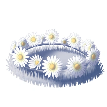 A delicate flower crown made from "daisies" and "wildflowers" is resting on a textured grassy surface. The crown features various shades of white and yellow petals, intricately woven together. The grassy area beneath is lush and vibrant, with blades of grass varying in length and thickness. The sunlight casts soft shadows across the crown, highlighting the intricate details of each flower and the natural imperfections of the grass.
