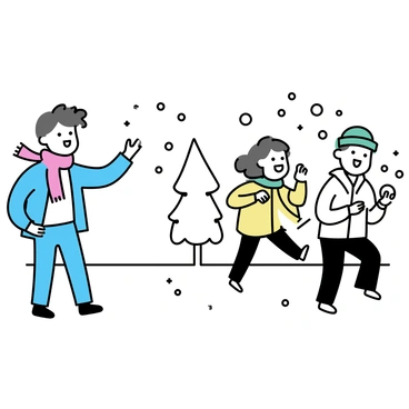 A group of three friends is engaged in a snowball fight in a winter wonderland. One friend, wearing a red scarf and a blue jacket, is throwing a snowball with a determined expression. Another friend, in a green beanie and a white coat, is ducking behind a snow-covered tree, grinning widely. The third friend, dressed in a yellow parka, is packing a snowball, preparing to join the action. Snow is gently falling from the sky, and the ground is covered in a thick layer of snow, with snow-laden trees in the background.