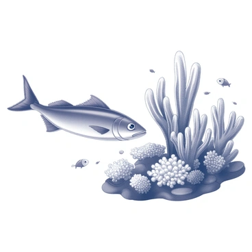 A mackerel swimming gracefully through the water. The fish displays its streamlined body and elongated shape as it glides past a variety of corals. The coral reef is vividly detailed with intricate formations, showcasing textures of different species. Surrounding the mackerel, various marine life can be seen, including small fish darting in and out of the reef structure. The scene captures the dynamic movement of the mackerel within this vibrant underwater environment.