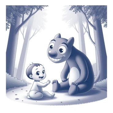 A baby sitting on a patch of soft grass in a lush forest. The baby has bright eyes and a joyful expression, with a small hand reaching out. In front of the baby, a friendly giant creature, towering and gentle, leans down with a big smile. The creature has large, expressive eyes and an overall warm demeanor. Surrounding them are tall trees with sprawling branches and dense foliage, creating a vibrant atmosphere. The sunlight filters through the leaves, casting playful shadows on the ground as the baby and the creature share an enchanting moment of connection.