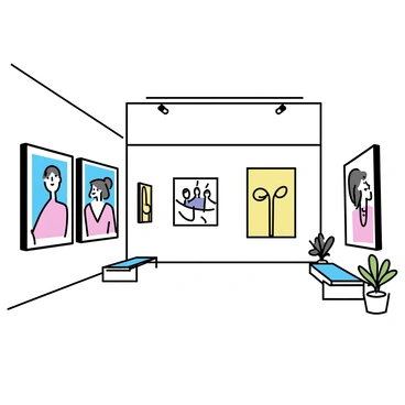 A spacious art gallery interior with white walls and a polished concrete floor. The lighting is bright and even, highlighting the prominent artwork. Bold illustrated pieces hang in sleek frames, showcasing vibrant colors and striking designs. Minimalist decor includes a few simple benches and potted plants placed strategically throughout the space, creating an open and airy atmosphere.