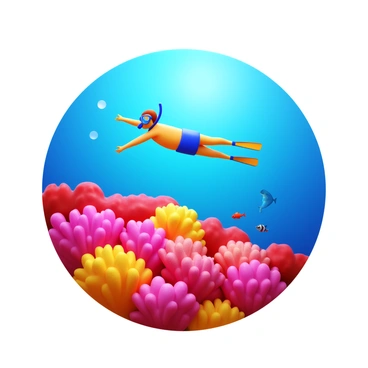 A snorkeler with a diving mask and fins swimming above a vibrant coral reef. The coral formations are rich in various colors, including pink, red, and yellow, teeming with marine life. Small fish of different shapes and hues dart around the coral, while the clear blue water creates a serene environment. Sunlight filters down from the surface, illuminating the underwater scene.