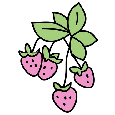 A strawberry plant with green leaves is depicted prominently. The plant features several ripe red strawberries hanging from its foliage. Each strawberry is plump and glossy, showcasing their vibrant color against the lush green leaves. The leaves are broad and healthy, providing a rich backdrop for the strawberries. The overall composition focuses on the contrast between the bright red fruit and the vivid green of the leaves.