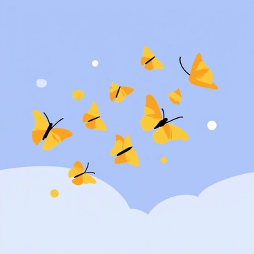A swarm of "monarch butterflies" with bright orange wings and black markings is flying across a "clear blue sky." The butterflies are in various positions, some soaring high, while others are fluttering together in a tight formation. The sunlight creates a vibrant contrast between the orange of the butterflies and the deep blue of the sky, enhancing their delicate features and making them stand out vividly against the backdrop.