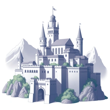 A grand city with tall, white stone walls cascading down the mountainside. The architecture features multiple tiers, with sweeping terraces and grand staircases connecting each level. Towering towers rise above the walls, adorned with battlements and intricate carvings. The city is surrounded by lush greenery and rugged mountains in the background, emphasizing its elevated position. Large gates are visible, leading into the city, and banners flutter gently in the wind, adding a sense of life to this majestic scene.