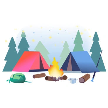 A campsite scene is set under a starlit sky filled with twinkling stars. In the foreground, there are two colorful tents, one red and one blue, pitched on the ground. A warm campfire burns brightly between the tents, casting a soft glow. Surrounding the campfire are several logs arranged as seating. Scattered around the area are various camping tools, including a green backpack, a silver cooking pot, and a fishing rod leaning against a tree. The silhouettes of tall trees create a natural border around the campsite, enhancing the feeling of being in the wilderness.