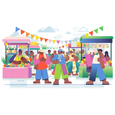 A bustling global marketplace is packed with a diverse crowd engaged in trade. Stalls are adorned with vibrant fabrics, fruits, and spices from various cultures. To the left, a vendor with dark skin is selling colorful woven baskets, while a woman with light skin is haggling over fresh produce. In the center, a man with a turban displays intricate jewelry, surrounded by shoppers examining the items. Brightly colored banners hang overhead, fluttering in the breeze. The atmosphere is lively, with people chatting and negotiating, creating a sense of energy and activity.