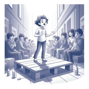 A child stands confidently on a makeshift stage constructed from wooden pallets. The child has bright, enthusiastic eyes and an open mouth, singing passionately. The makeshift stage is surrounded by a diverse crowd of people, some clapping and others smiling in appreciation. The alley is lined with brick walls, adorned with various posters and graffiti. A few scattered items, like empty bottles and old boxes, enhance the scene's urban atmosphere. The child's outfit consists of a simple shirt and jeans, and their hair is tousled, adding to the energetic vibe of the performance.