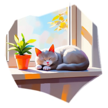 A fluffy gray cat with white paws is sleeping peacefully on a wooden windowsill. The cat is curled up in a tight ball, its eyes closed and a content expression on its face. Sunlight is streaming in through the window, creating warm patches of light on the cat's fur. Outside, a clear blue sky is visible, and a few green leaves from a nearby tree cast gentle shadows on the windowsill. A small potted plant sits beside the cat, adding a touch of greenery to the scene.
