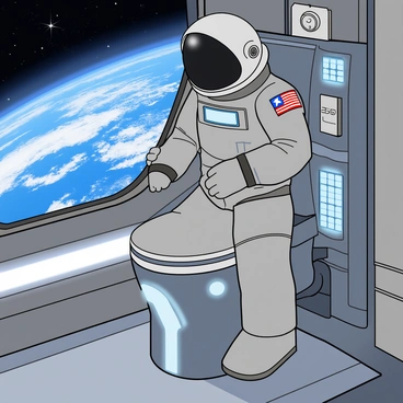 An astronaut in a sleek, silver space suit is using a futuristic potty that features glowing blue panels and a digital interface. The potty is integrated into a shiny metallic wall inside the spaceship. The astronaut has a helmet on with a reflective visor, and the suit is adorned with patches symbolizing various space missions. Behind the astronaut, a large window reveals a breathtaking view of Earth, showcasing swirling clouds and vibrant blue oceans against the blackness of space. The interior of the spaceship is illuminated with soft, ambient lights, highlighting various control panels and equipment neatly arranged around the potty.